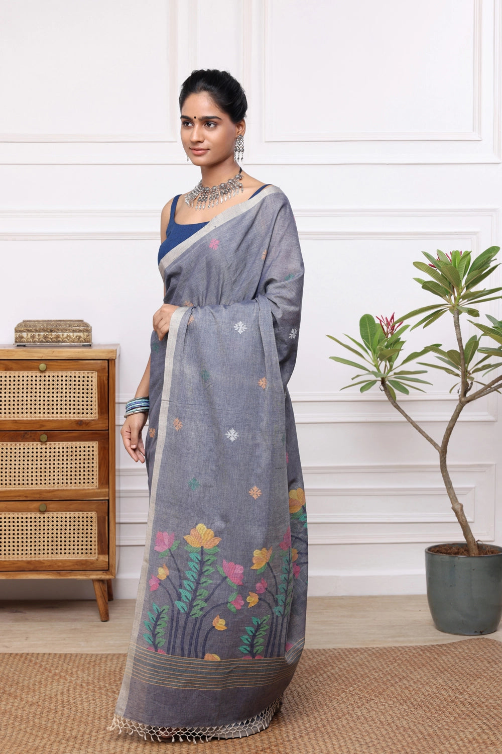 Handloom Grey Soft Cotton Jamdani with Multi Colour Floral Motifs