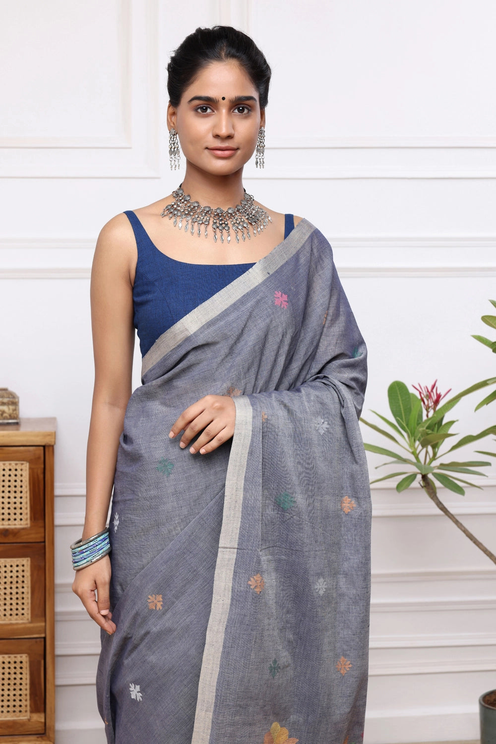 Handloom Grey Soft Cotton Jamdani with Multi Colour Floral Motifs