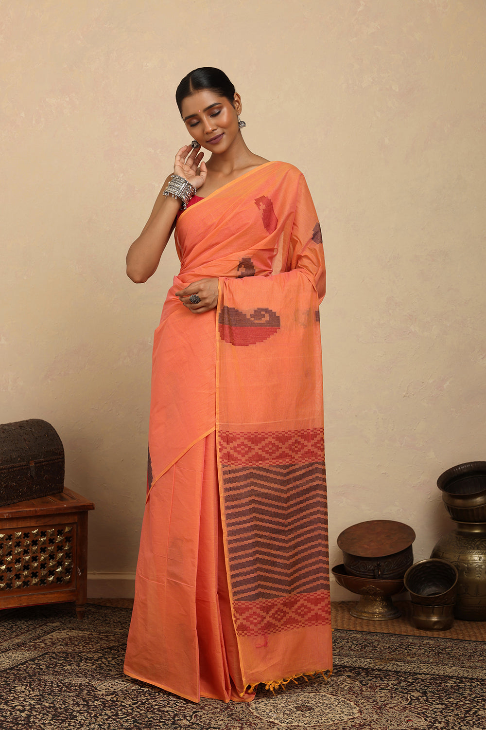Handloom Orange Paisley Kanchi Cotton Saree