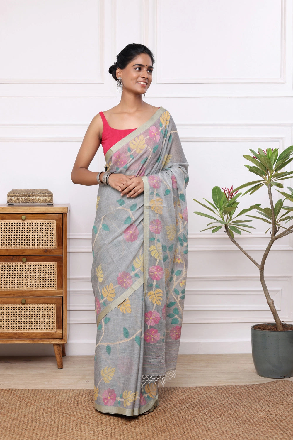Handloom Grey Soft Cotton Multi Colour Floral Jamdani Saree