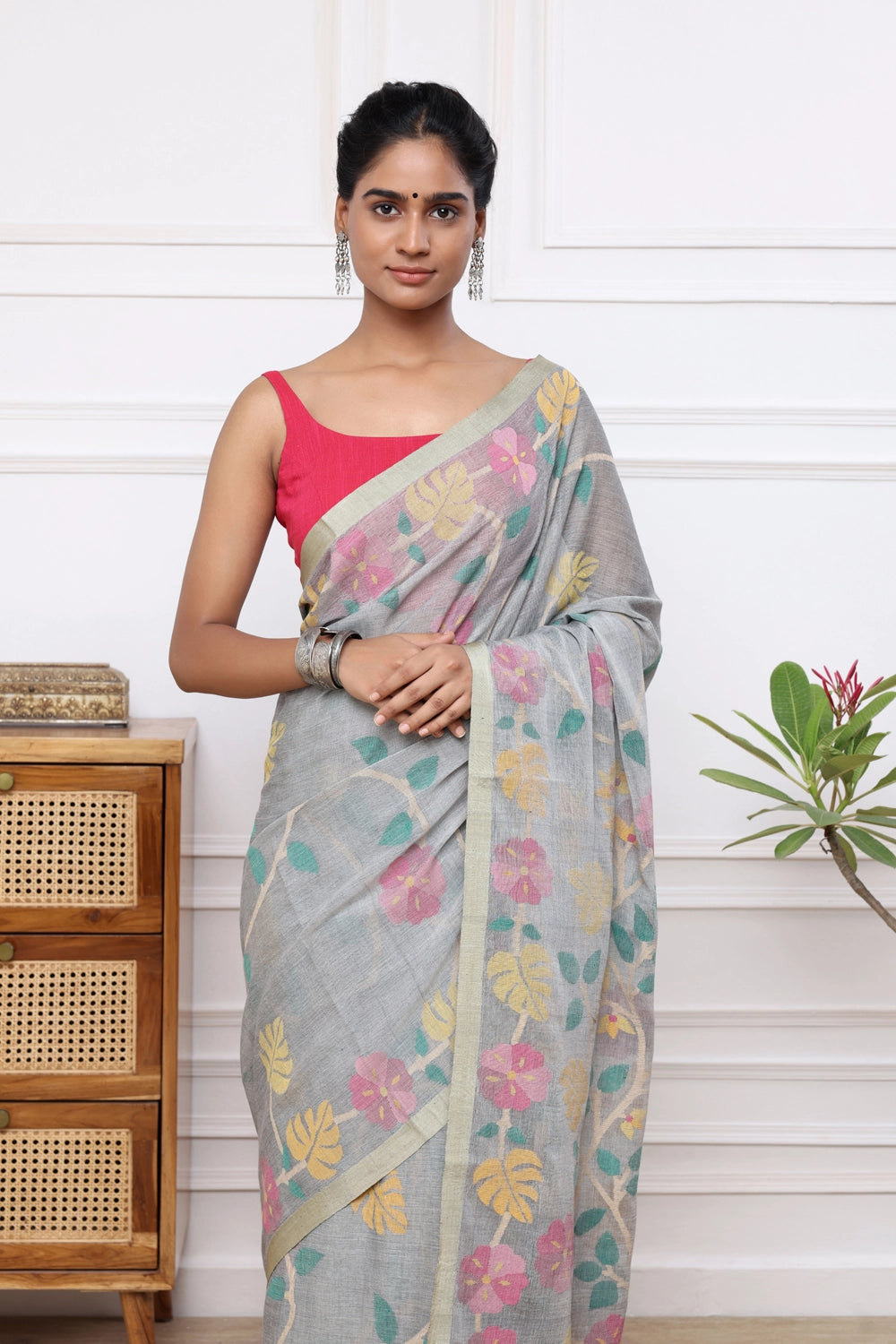 Handloom Grey Soft Cotton Multi Colour Floral Jamdani Saree