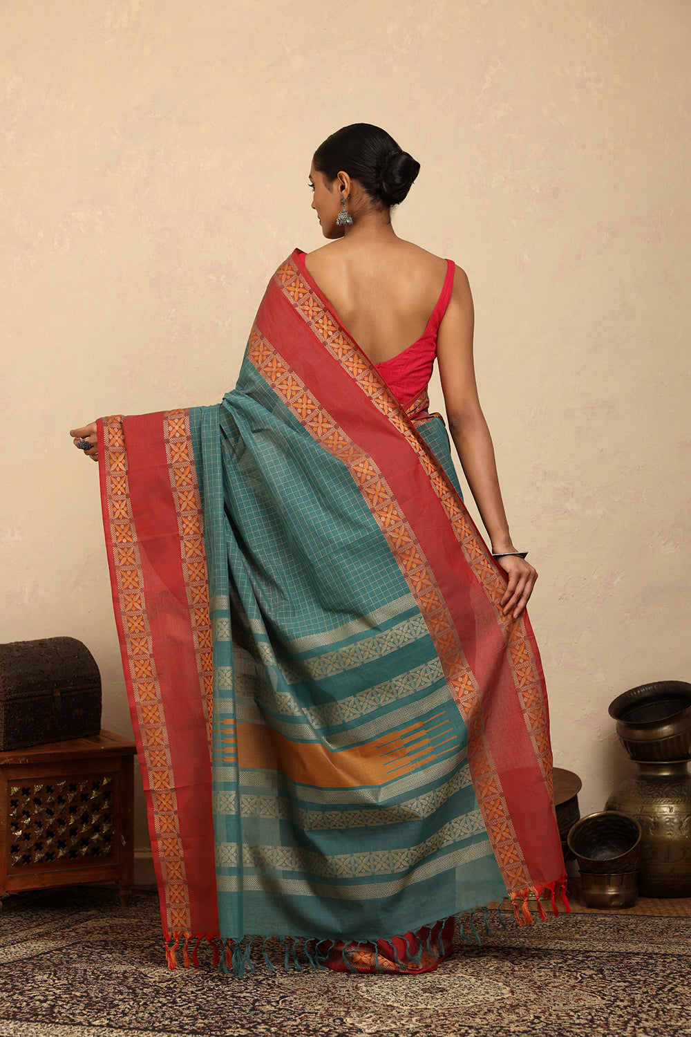 Handloom Emerald Green Checks Kanchi Cotton Saree