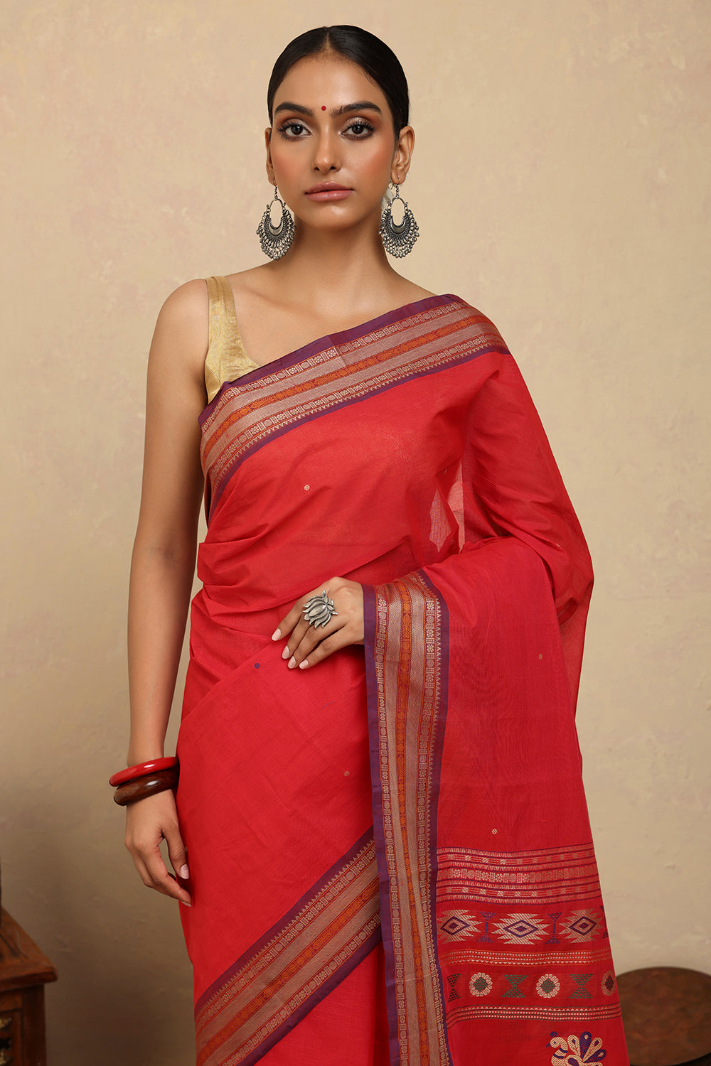 Handloom Crimson Red Kanchi Cotton Saree