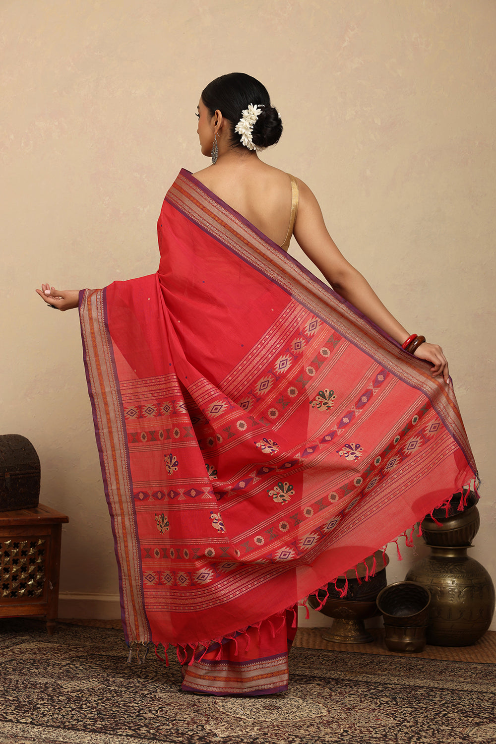 Handloom Crimson Red Kanchi Cotton Saree