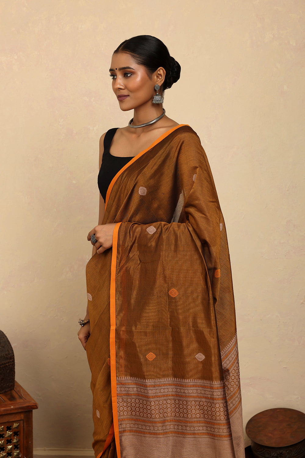 Handloom Mustard Copper Dual Tone Kanchi Cotton Silk Saree