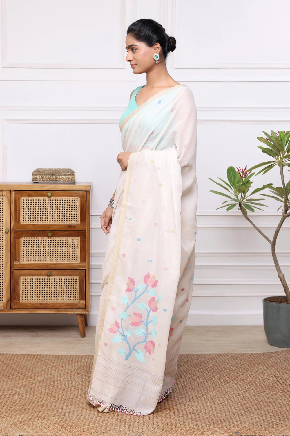 Handloom Beige Soft Cotton Jamdani with Multi Colour Floral Motifs