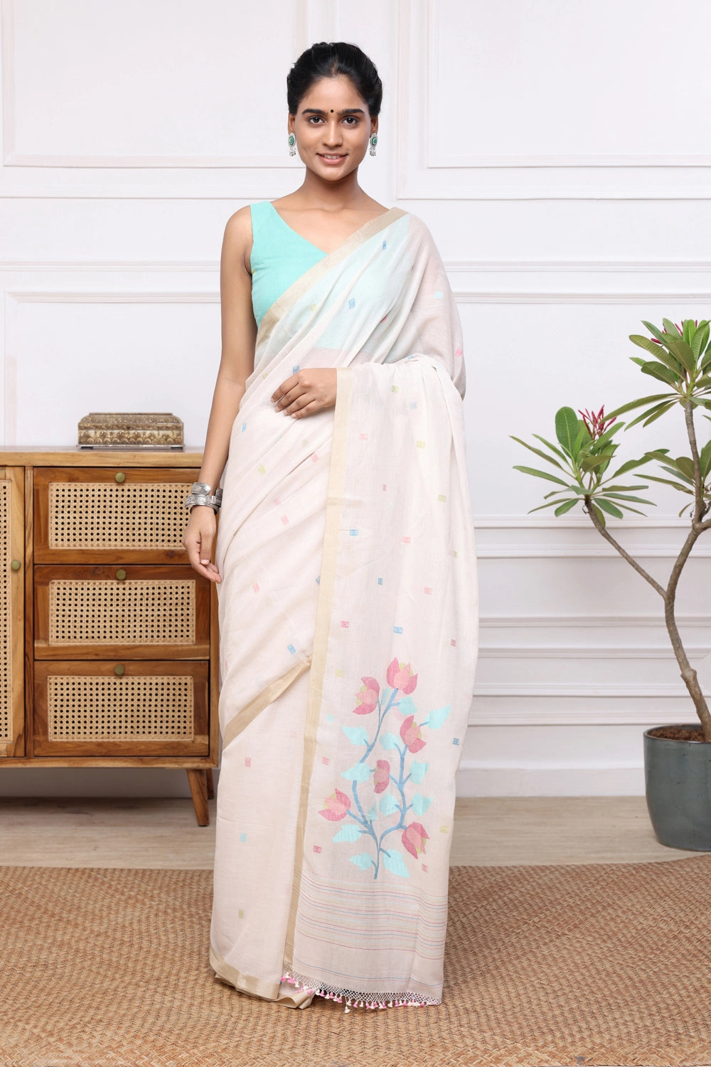 Handloom Beige Soft Cotton Jamdani with Multi Colour Floral Motifs