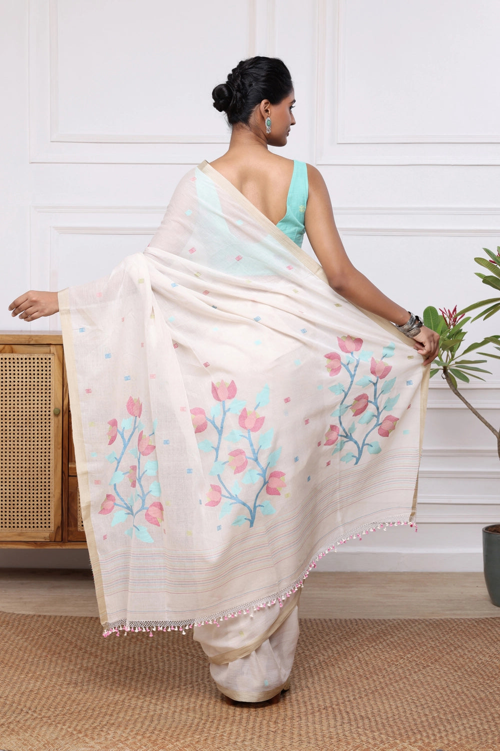 Handloom Beige Soft Cotton Jamdani with Multi Colour Floral Motifs