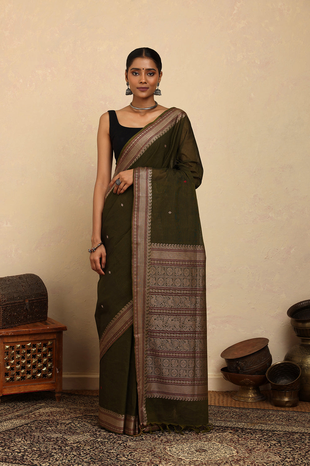 Handloom Olive Green Kanchi Cotton Saree