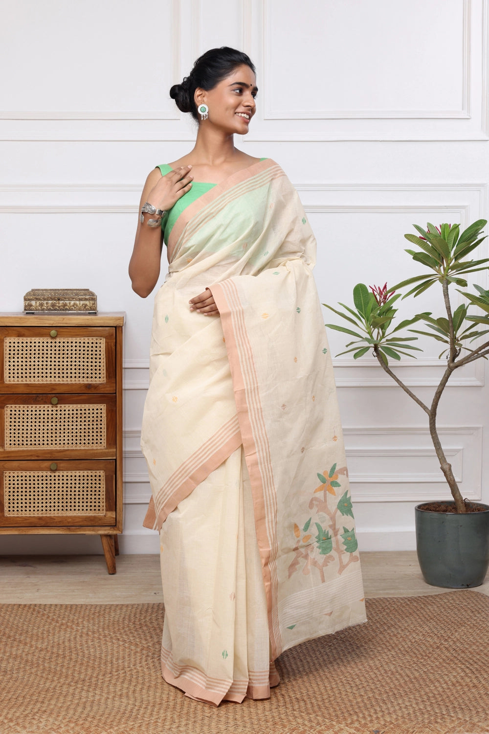 Handloom Beige Pure Cotton Jamdani with Multi Colour Floral Motifs