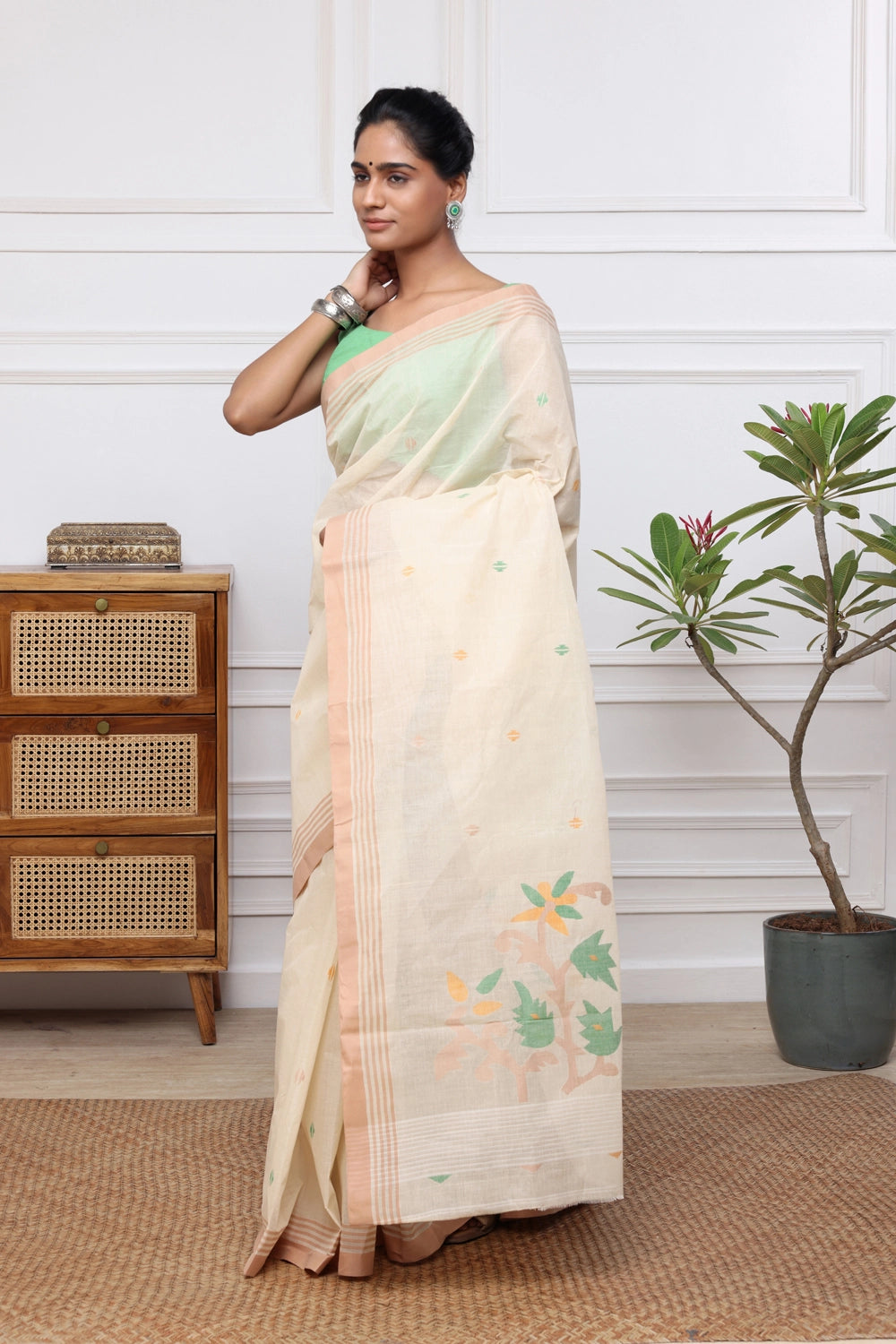 Handloom Beige Pure Cotton Jamdani with Multi Colour Floral Motifs