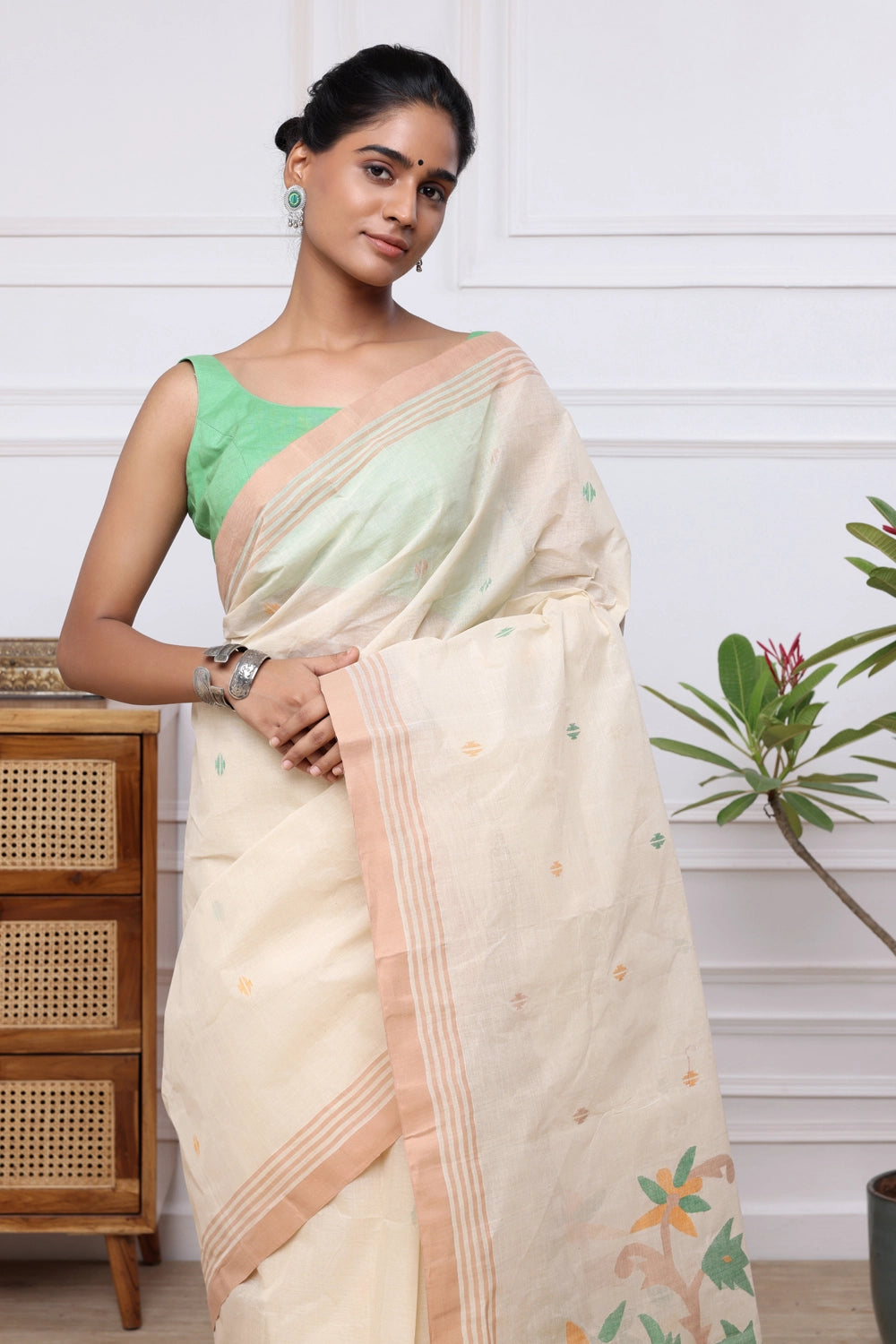 Handloom Beige Pure Cotton Jamdani with Multi Colour Floral Motifs