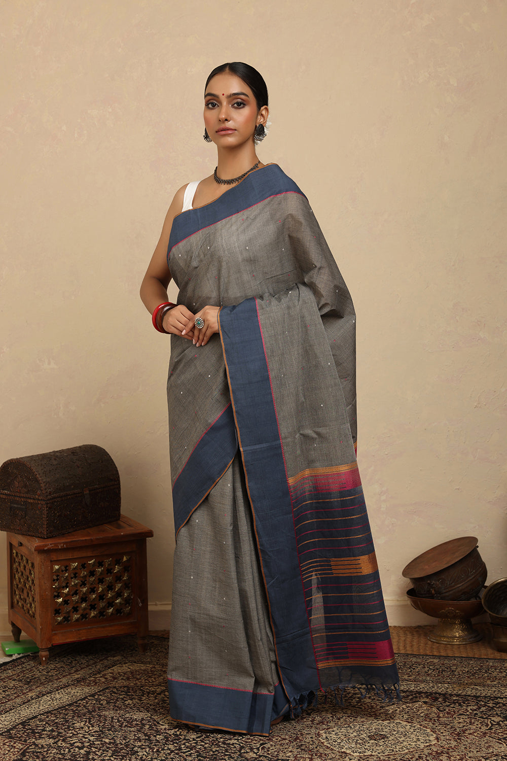 Handloom Dark Grey Kanchi Cotton Saree