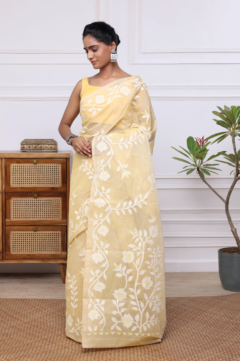 Handloom Banana Yellow Pure Cotton Multi Colour Floral Jamdani Saree