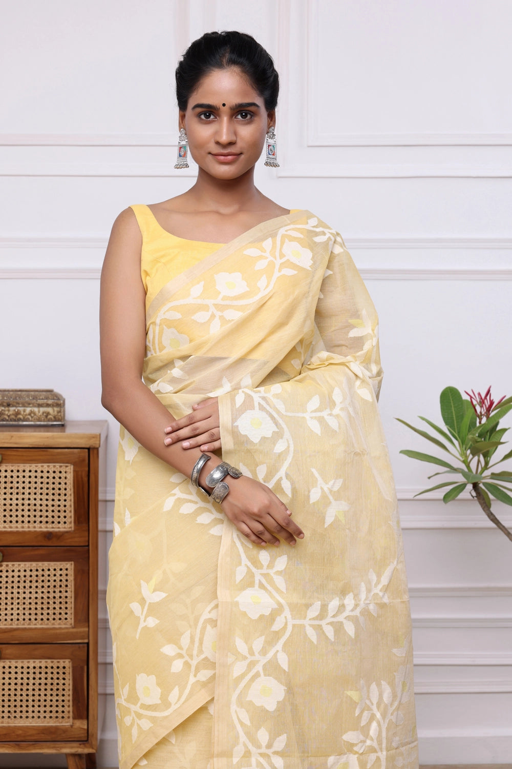 Handloom Banana Yellow Pure Cotton Multi Colour Floral Jamdani Saree