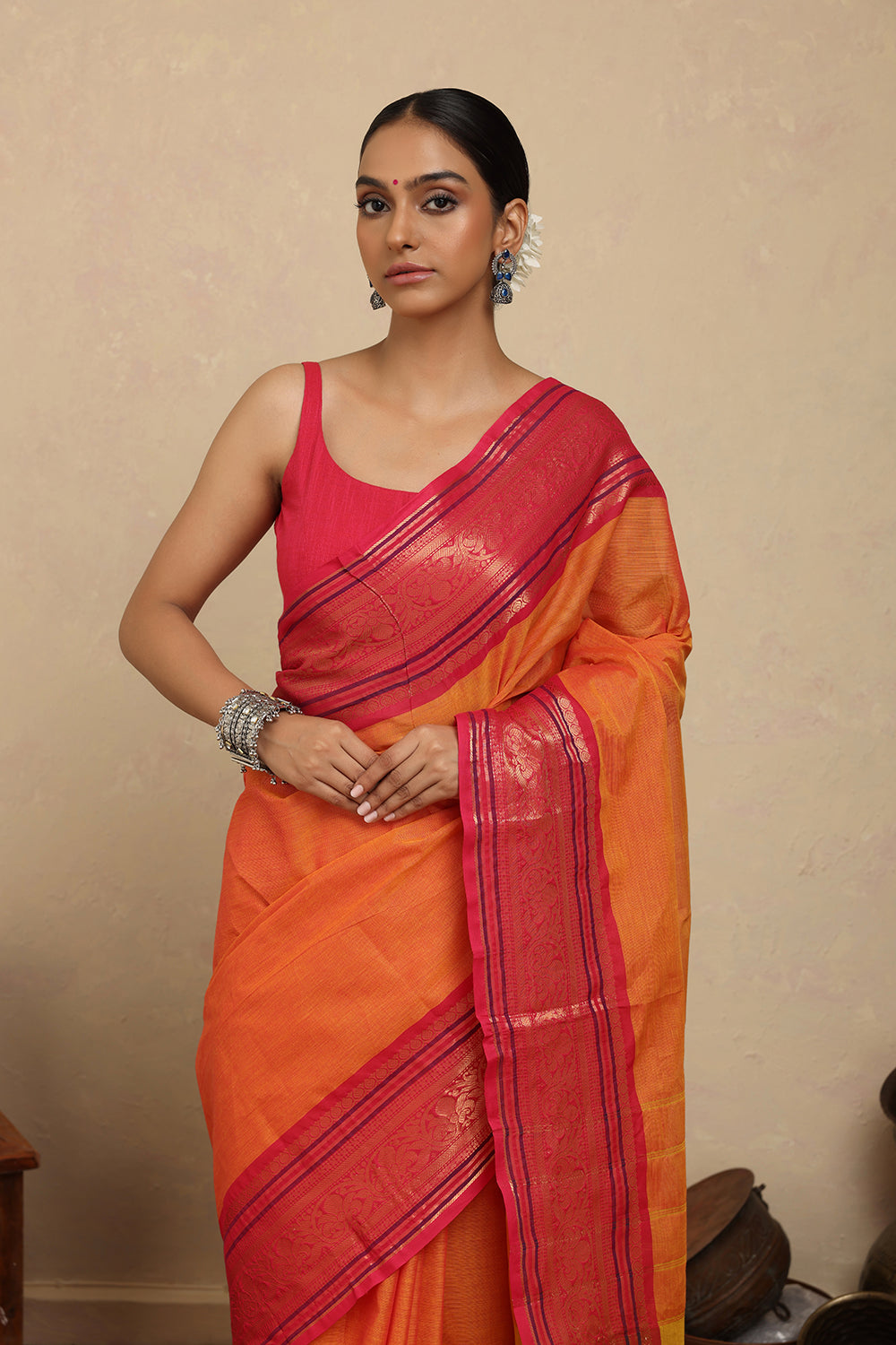 Handloom Orange & Pink Zari Kanchi Cotton Saree