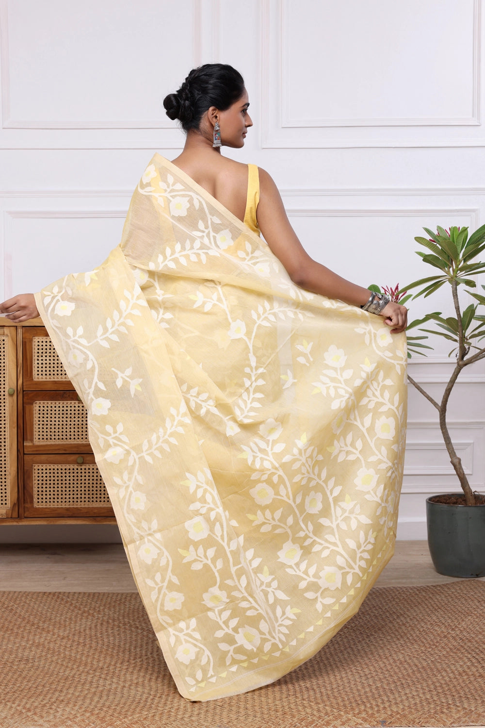 Handloom Banana Yellow Pure Cotton Multi Colour Floral Jamdani Saree