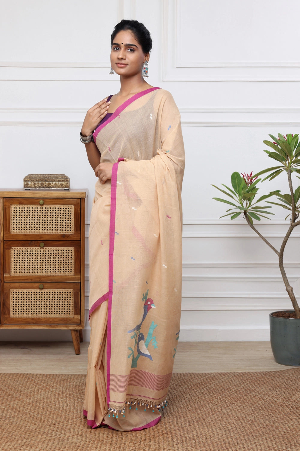 Handloom Tan Brown Soft Cotton Jamdani with Multi Colour Bird Motifs