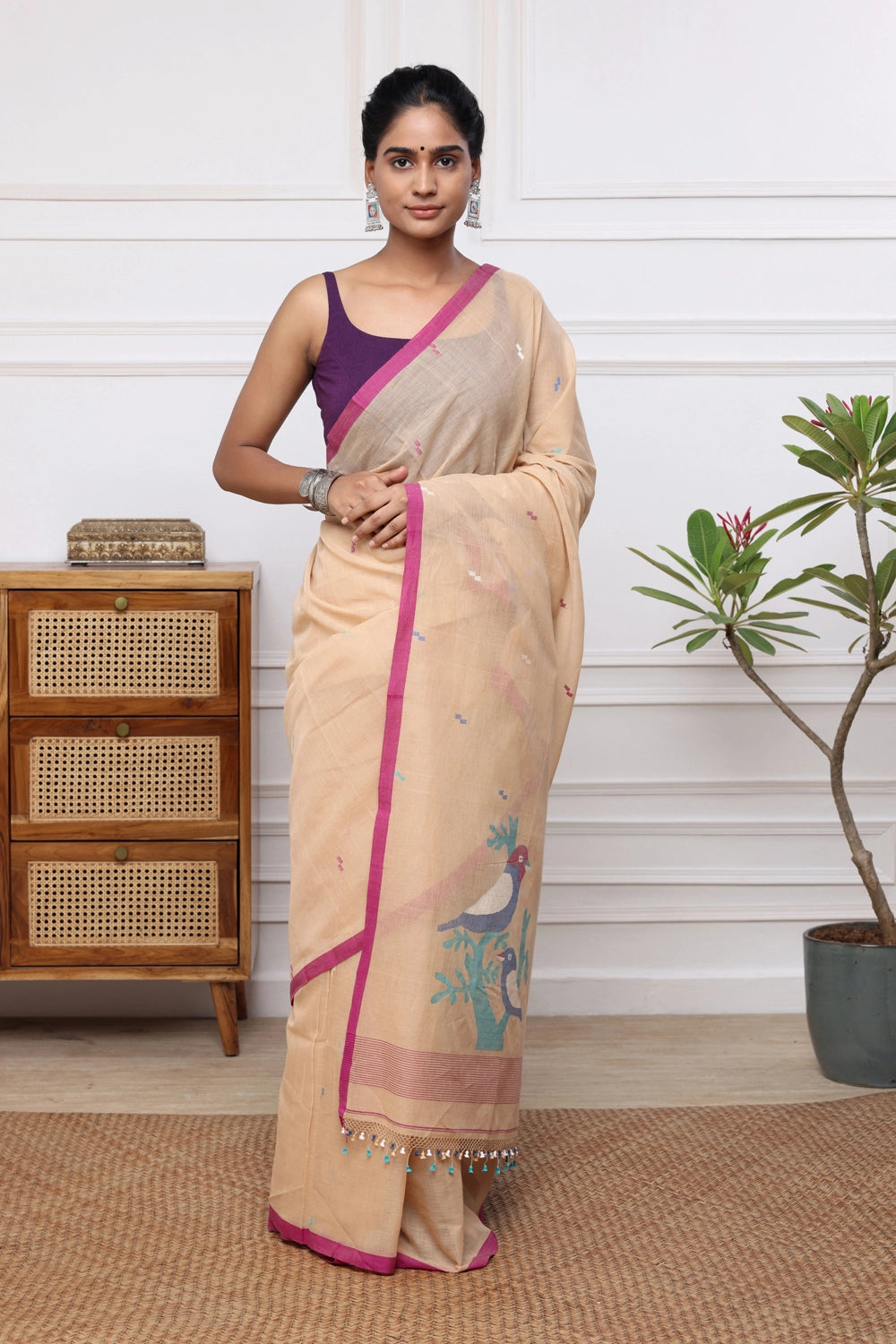 Handloom Tan Brown Soft Cotton Jamdani with Multi Colour Bird Motifs