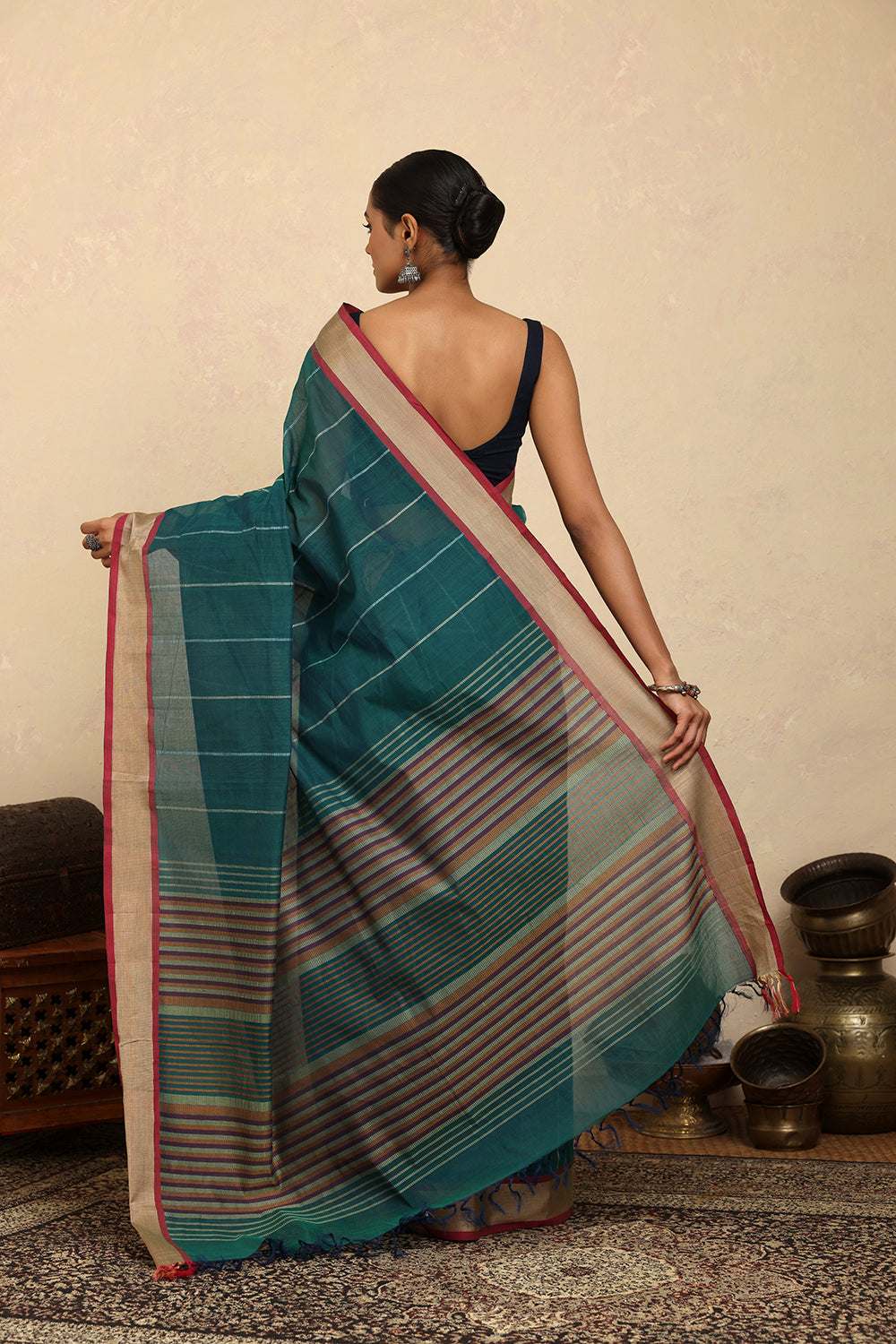Handloom Sea Green Stripes Kanchi Cotton Saree