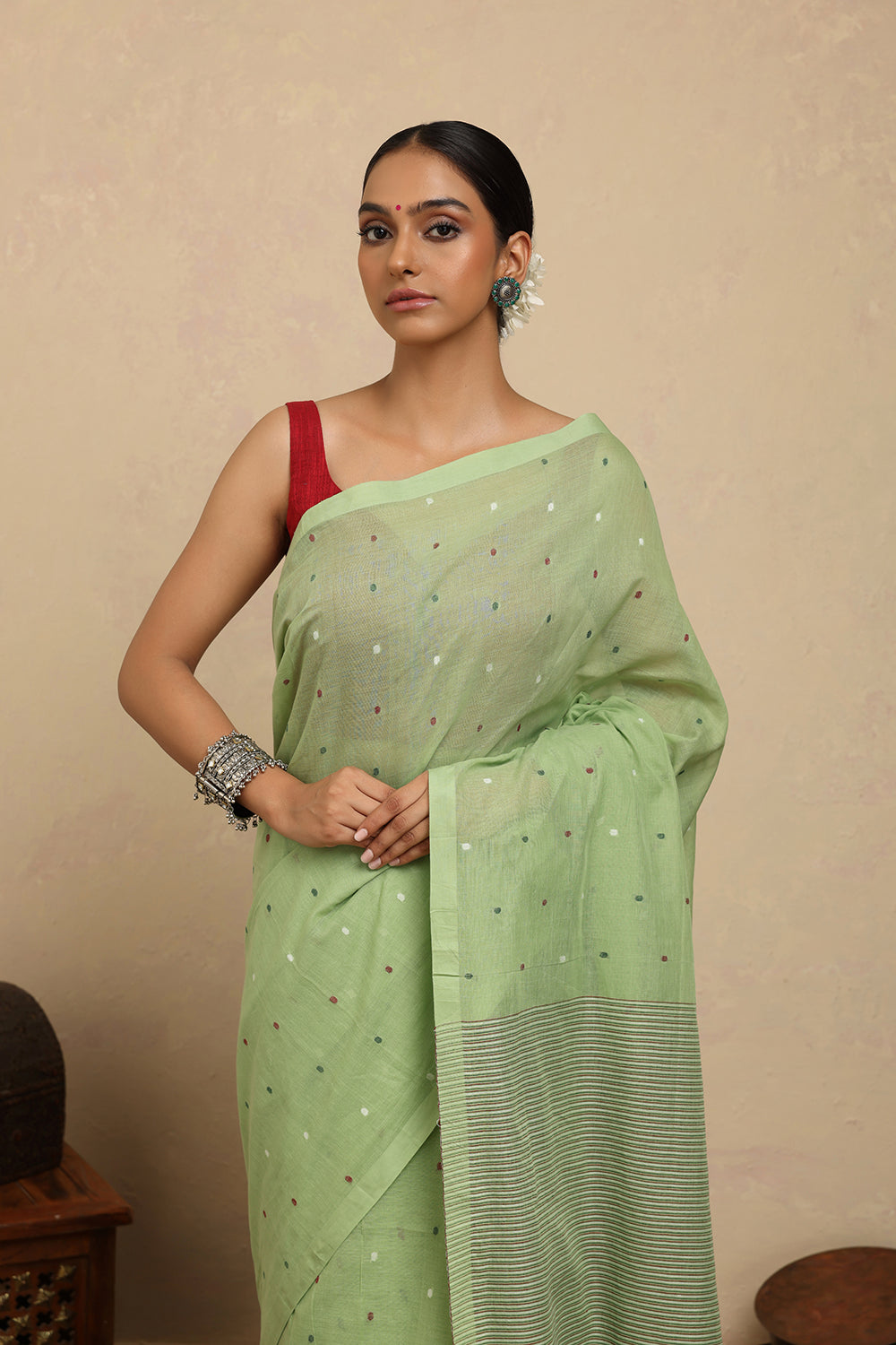 Handloom Green Polka Pure Cotton Jamdani Saree