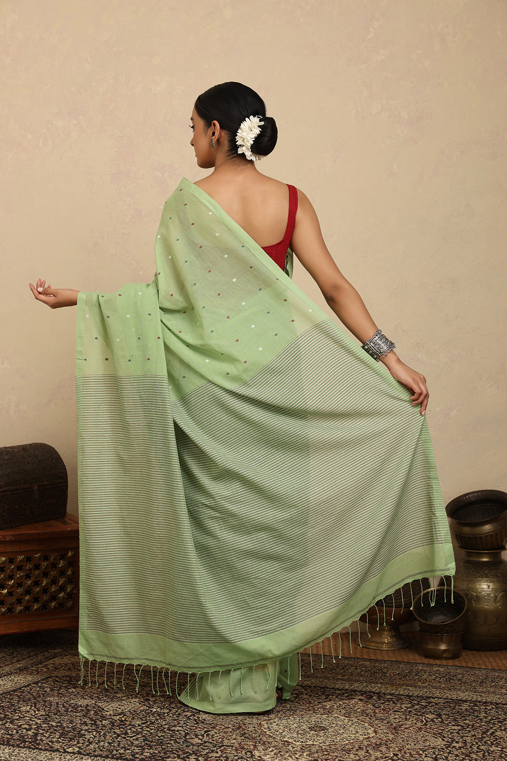 Handloom Green Polka Pure Cotton Jamdani Saree