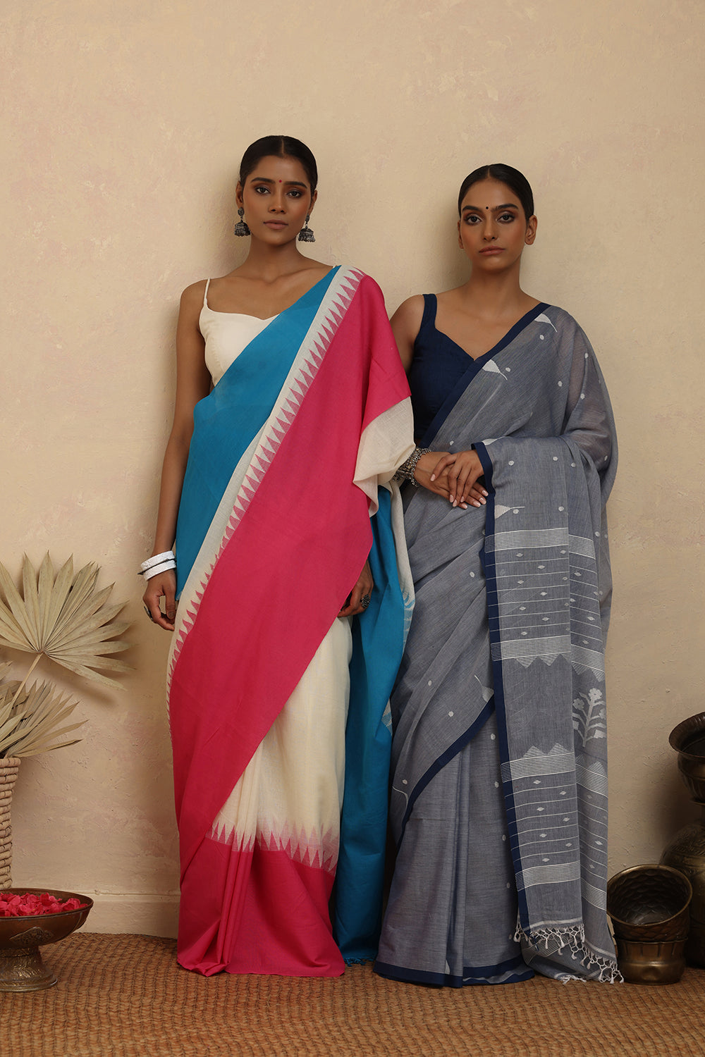 Handloom Firozi & Pink Pure Cotton Jamdani Saree
