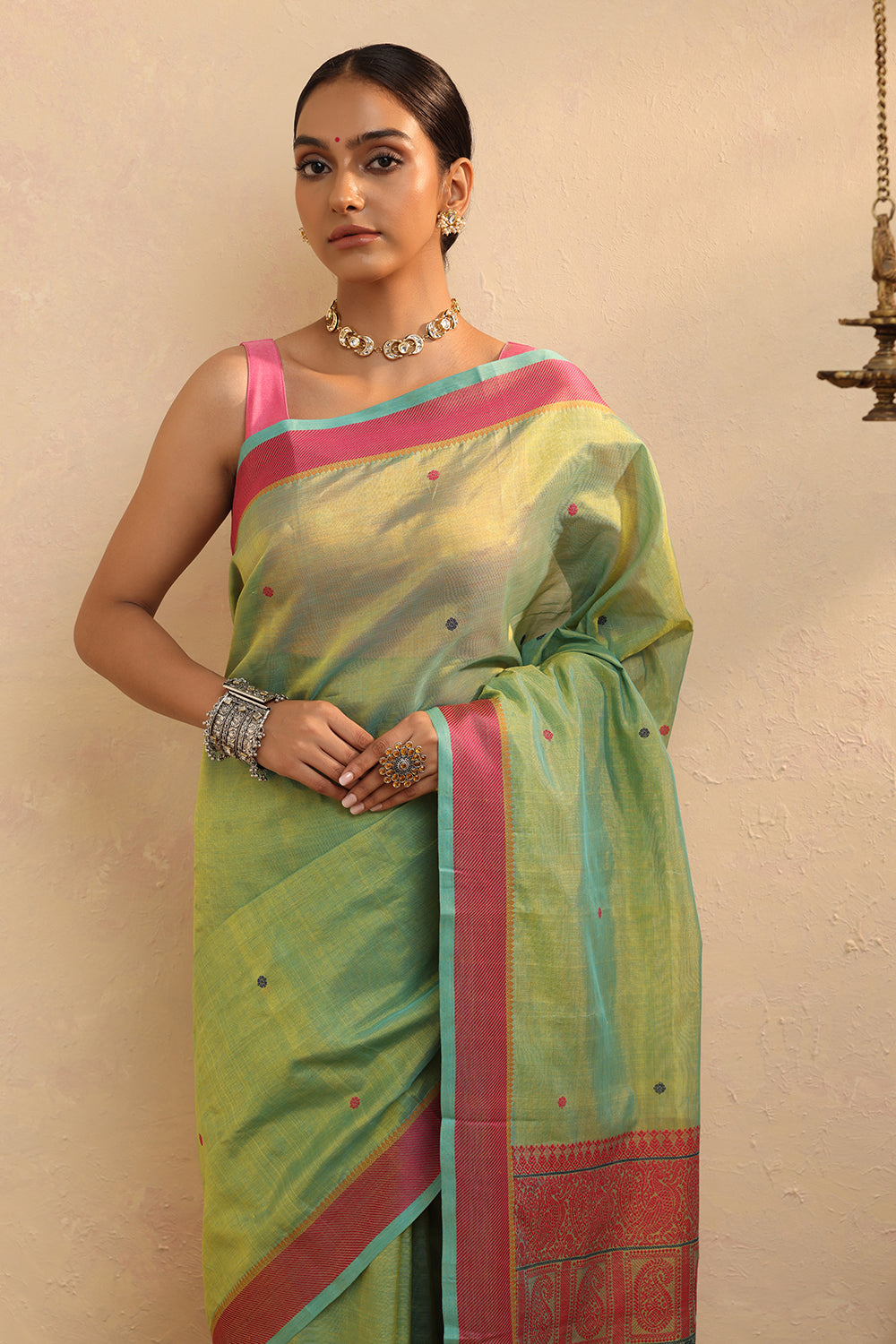 Handloom Green Cotton Silk Kanchi Saree