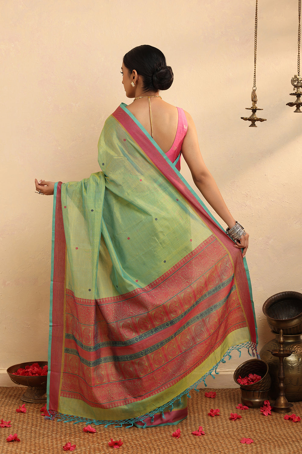 Handloom Green Cotton Silk Kanchi Saree