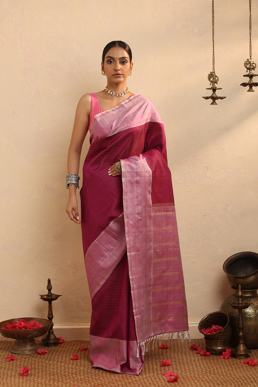 Handloom Pink Pure Silk Stripes Kanchi Contemporary Saree