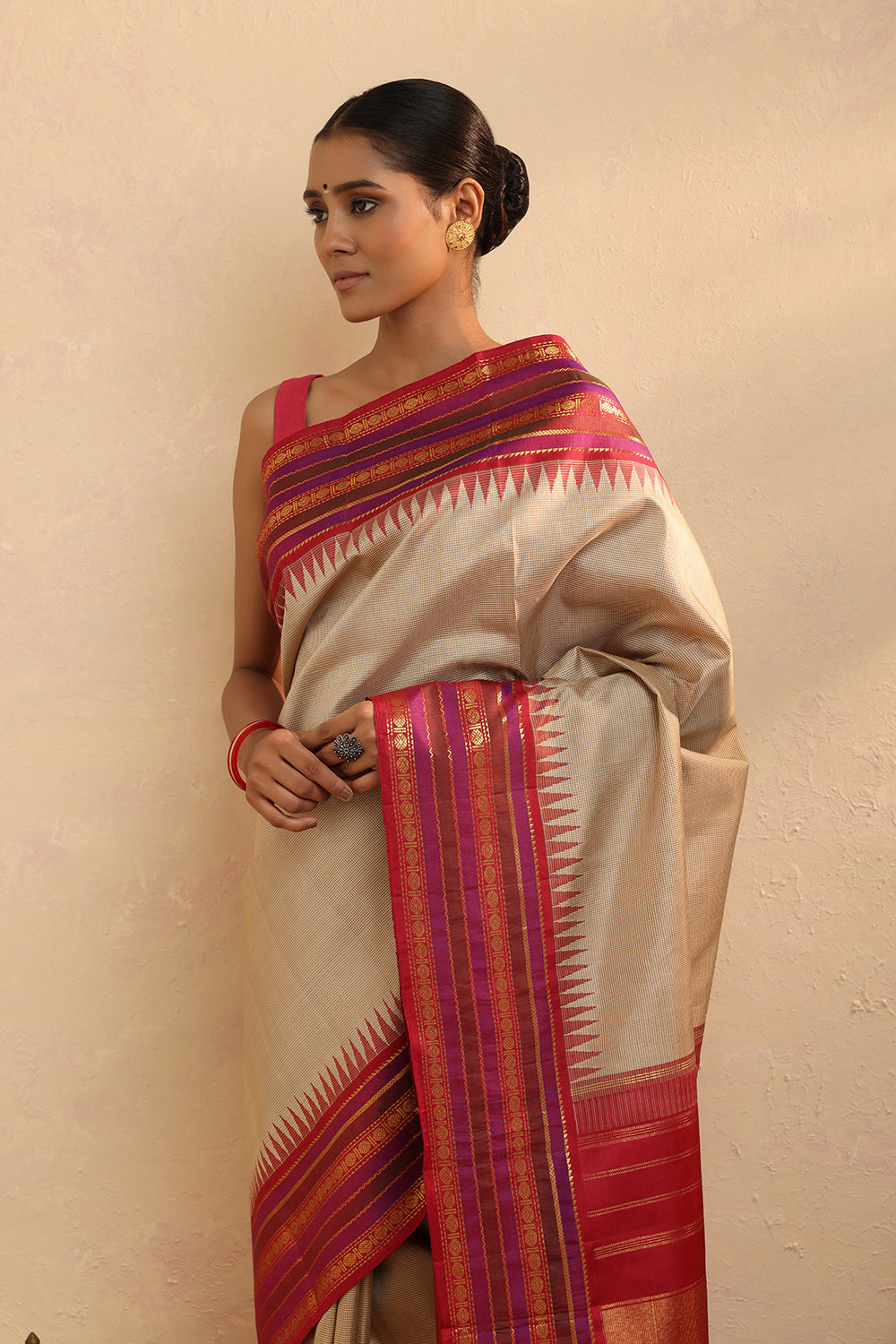 Handloom Cream Checks Pure Silk Kanchi Contemporary Saree