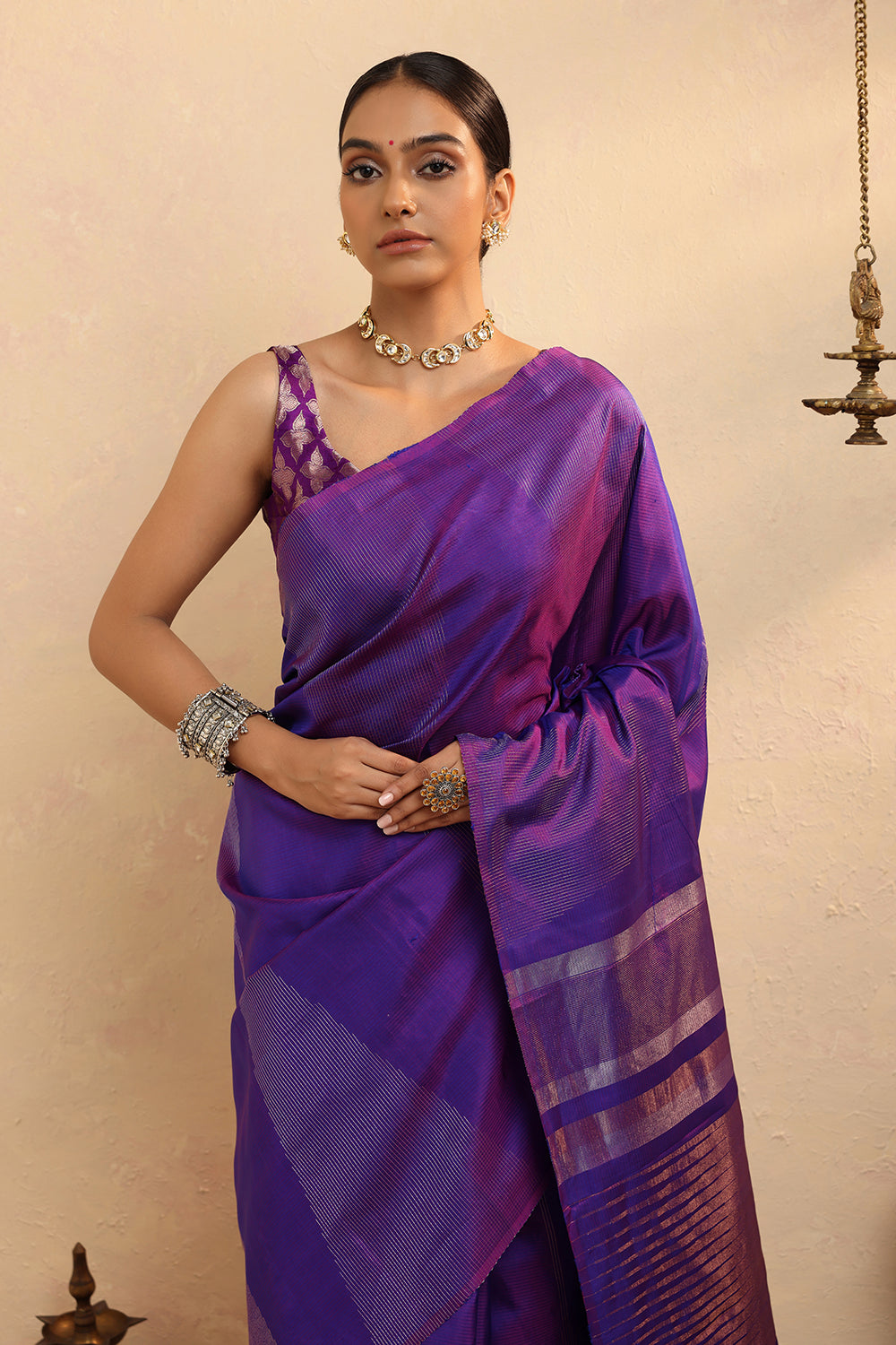 Handloom Purple Zari Stripes Pure Silk Kanchi Contemporary Saree