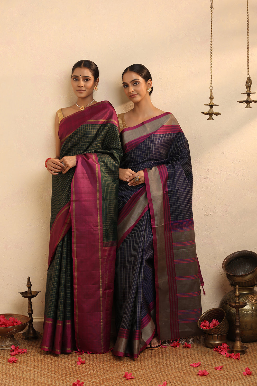 Handloom Purple Checks Pure Silk Kanchi Contemporary Saree