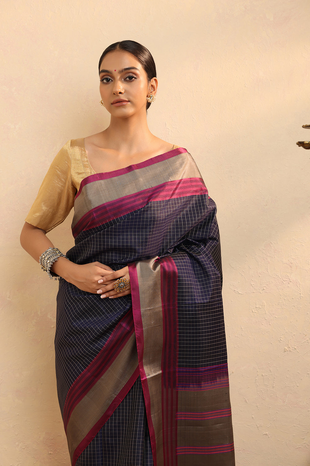 Handloom Purple Checks Pure Silk Kanchi Contemporary Saree