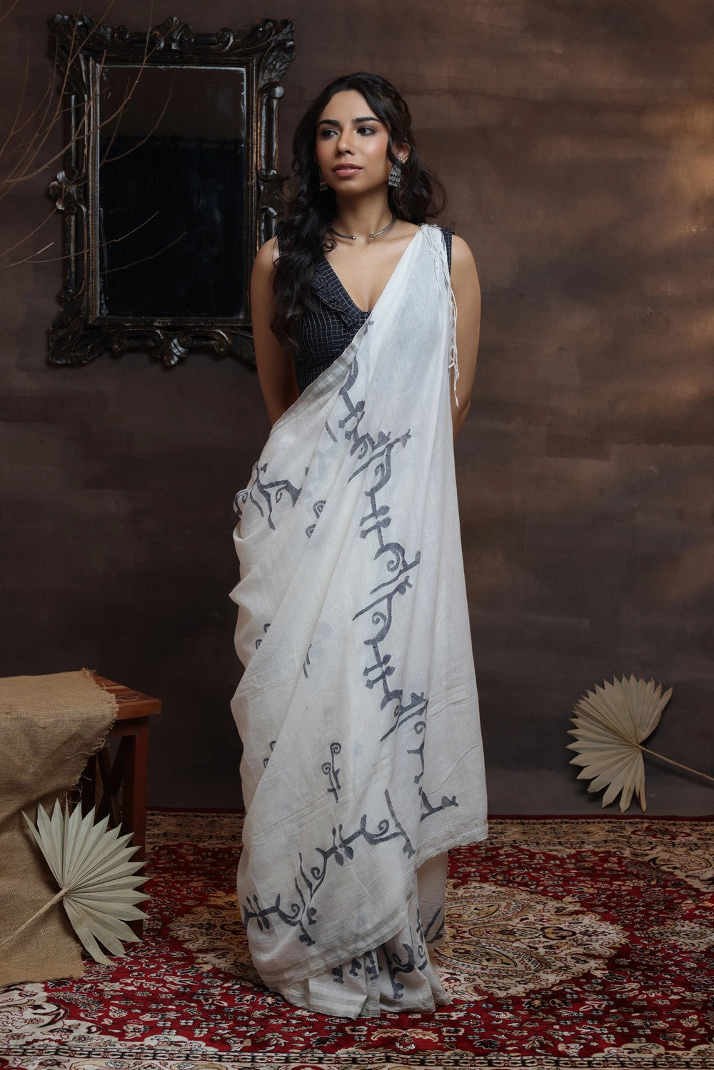 White handloom soft cotton saree with Alpona design