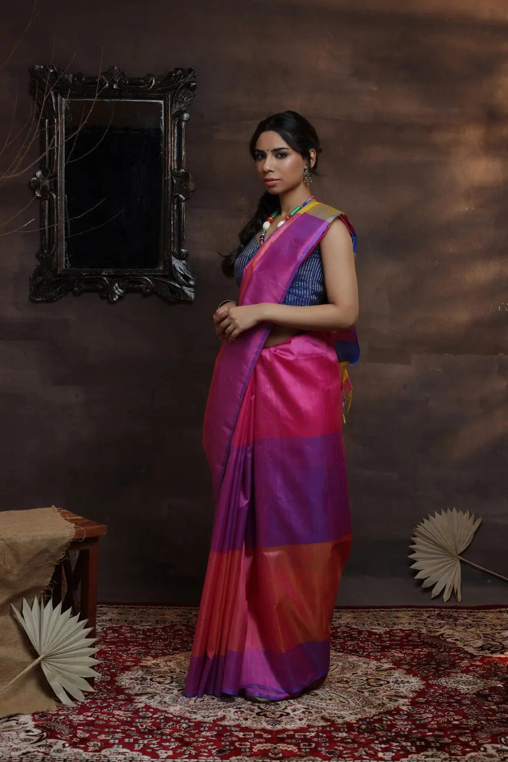 Handloom Pink Pure Silk Saree With Multi Colour Pallu