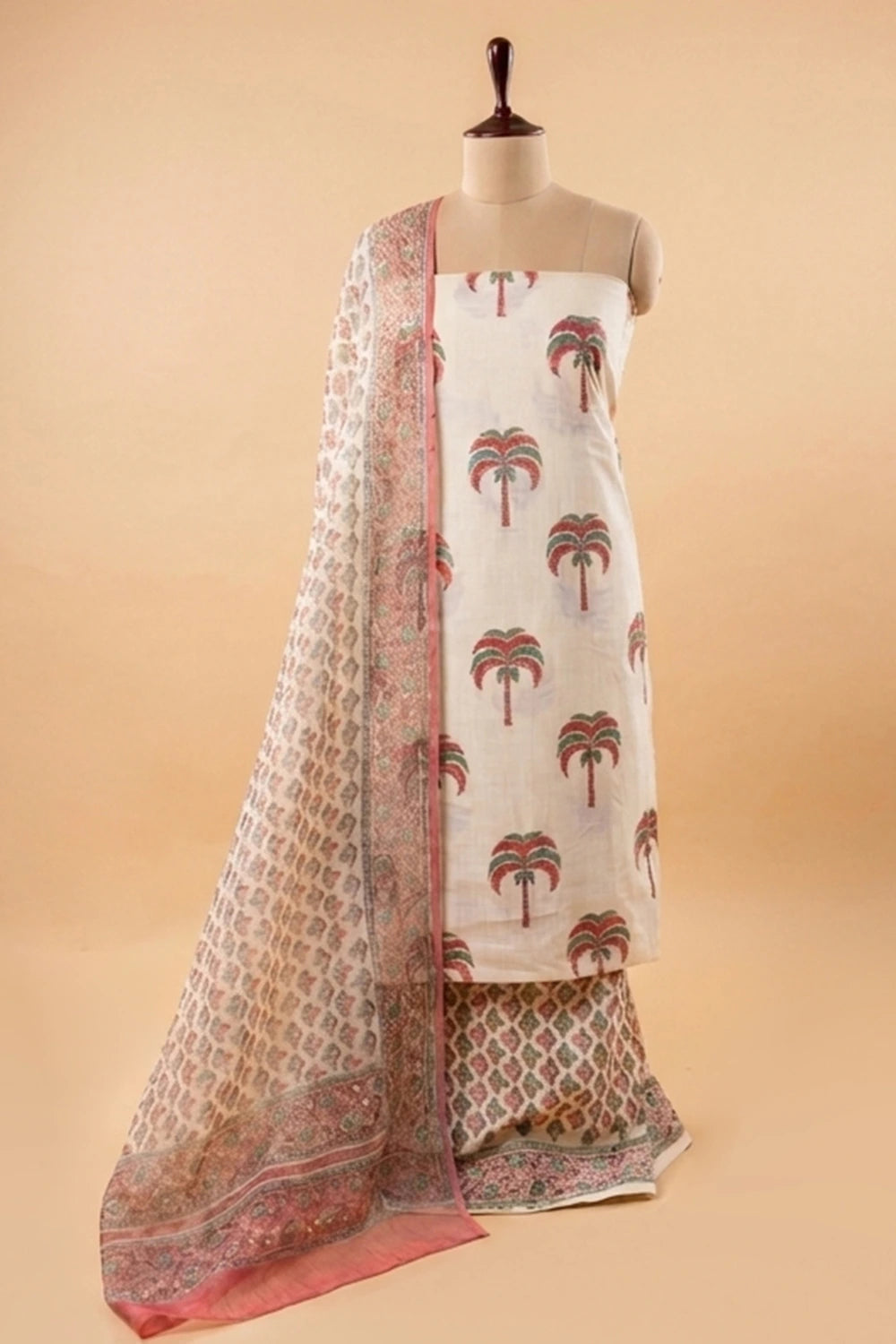 Beige Palm Hand Block Print Suit Set With Dupatta