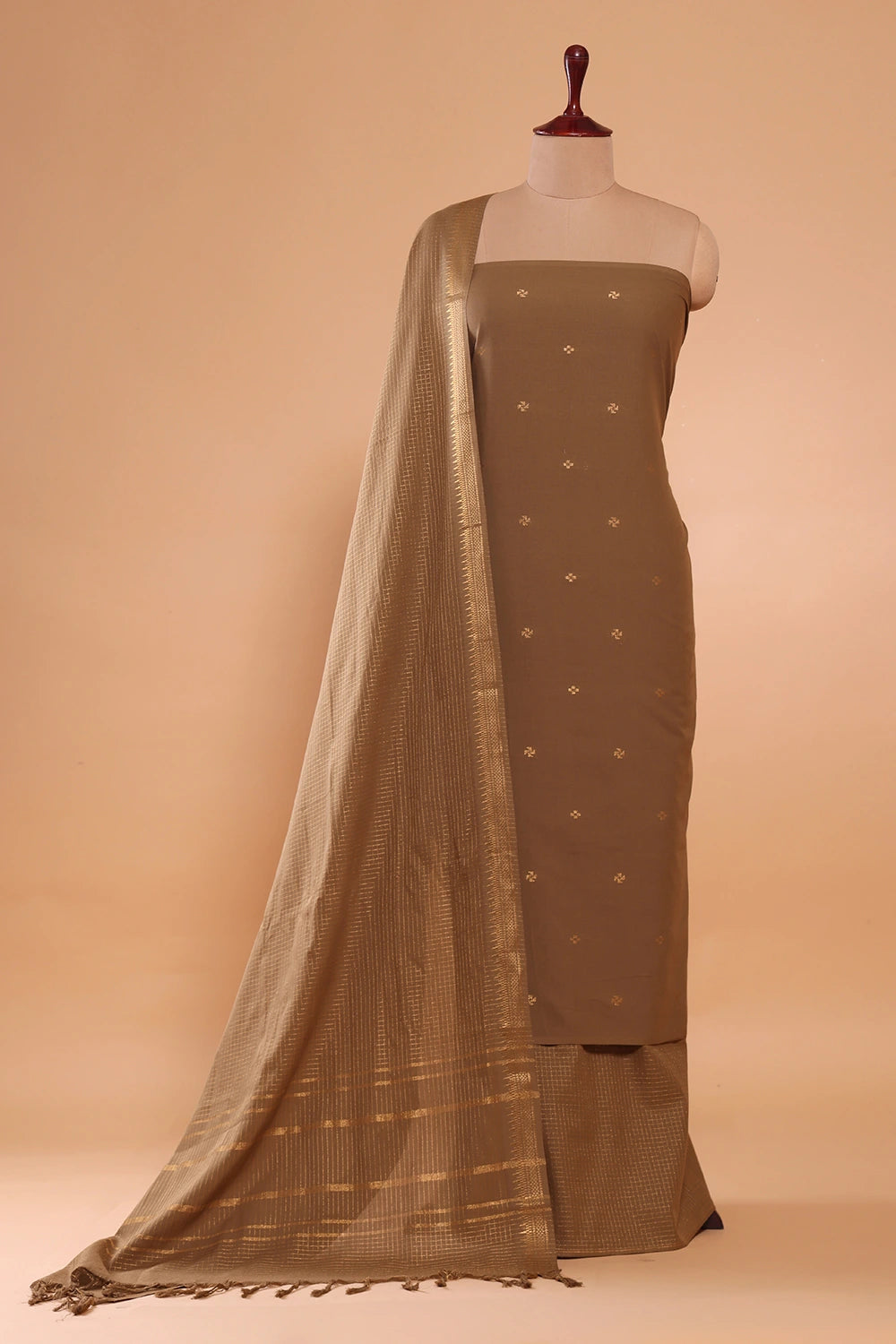 Earthy Brown Woven Suit Set with Subtle Buti & Zari Dupatta