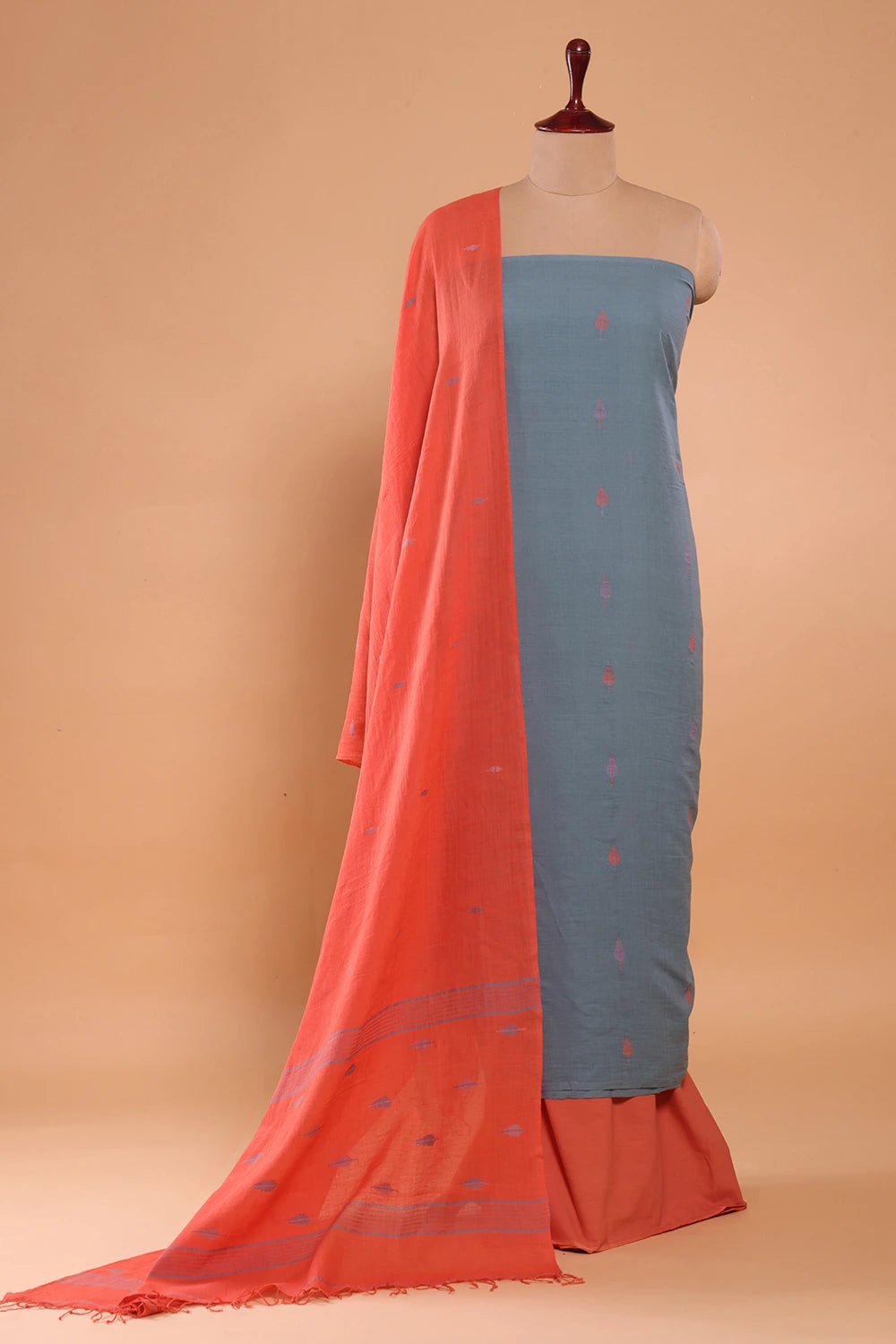 Handloom Zen Blue Pure Cotton Jamdani Suit Set With Dupatta