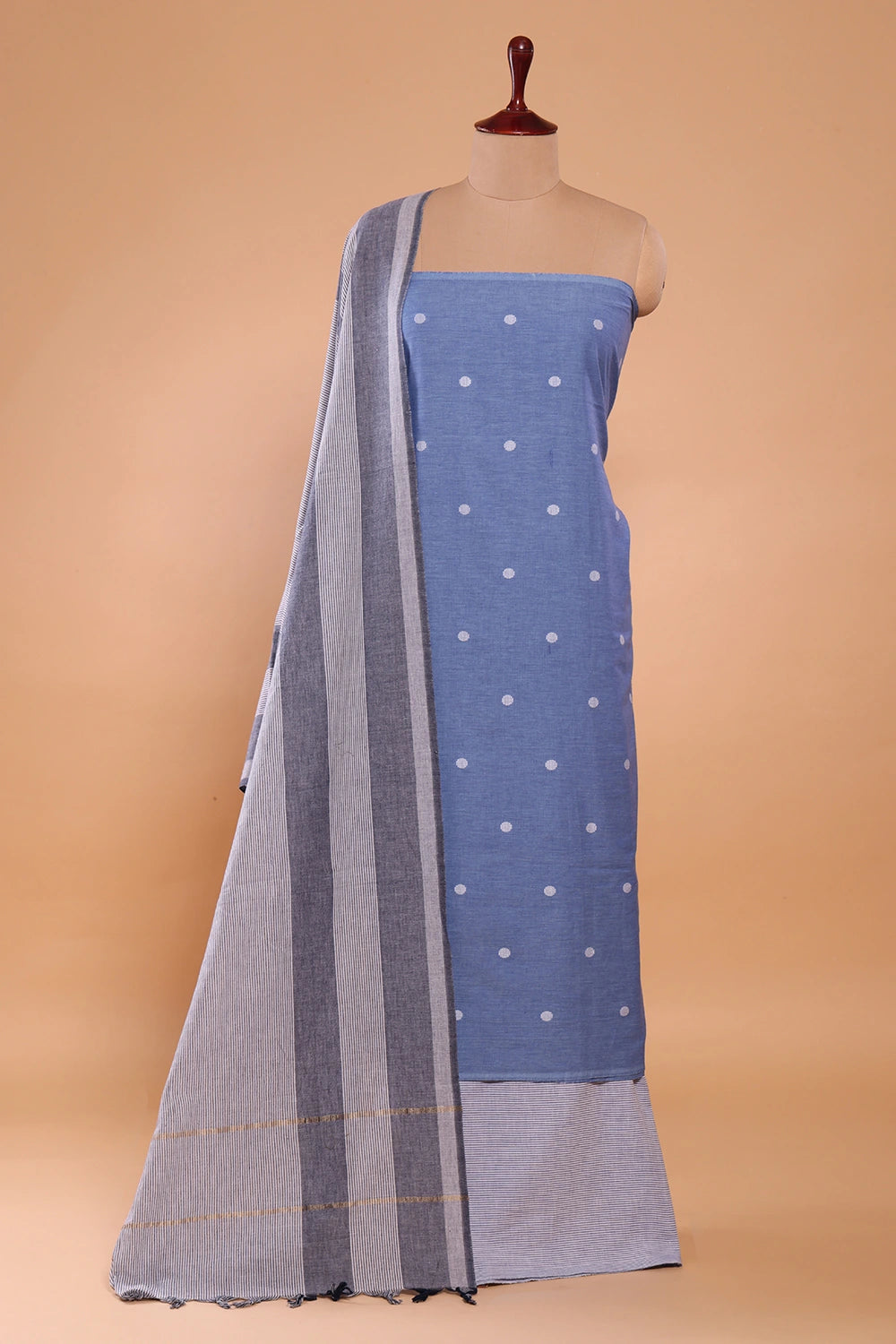 Sky Blue and White Woven Suit Set with Subtle Buti & Stripes Dupatta