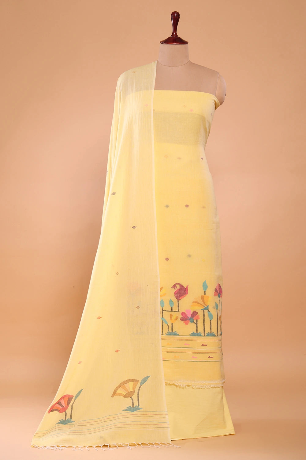 Handloom Soft Yellow Jamdani Suit Set With Dupatta