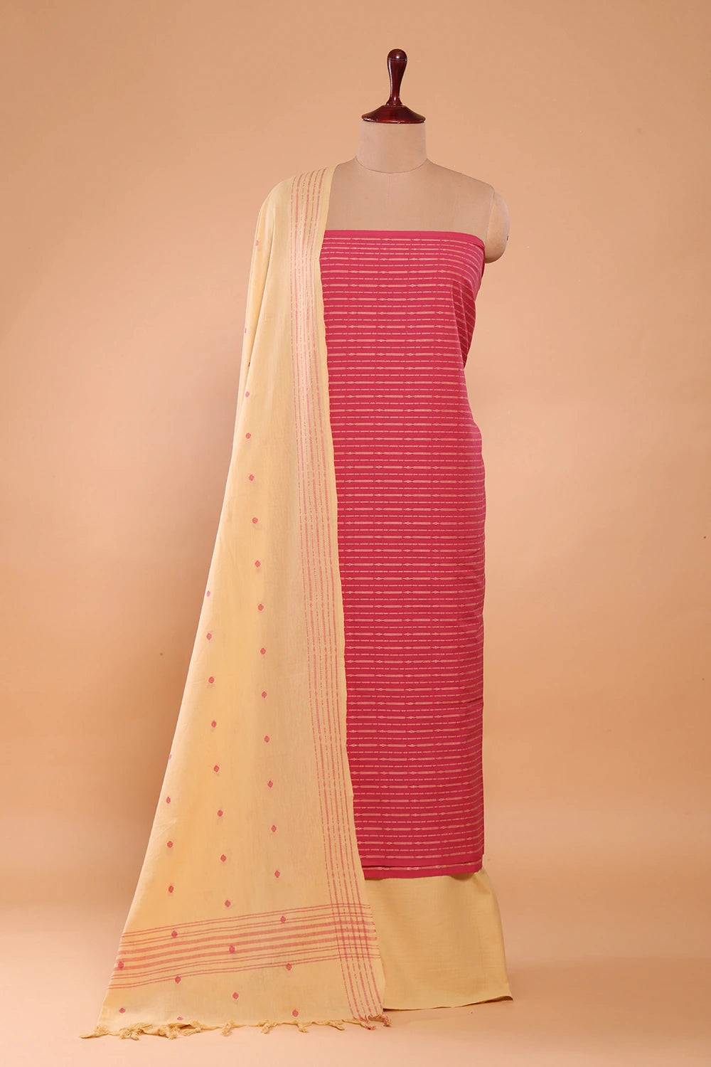 Pink & Beige Woven Suit Set with Subtle Buti & Dupatta