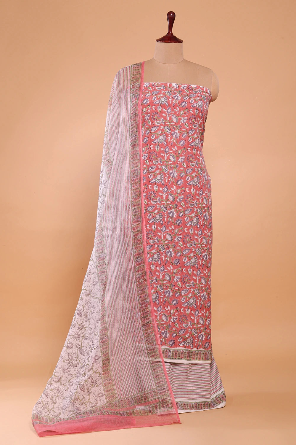 Salmon and Frost Pink Hand Block Printed Suit Set With Dupatta