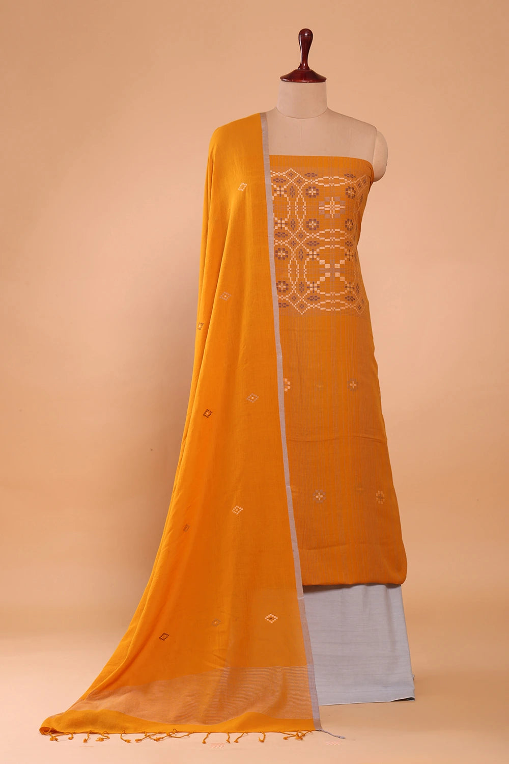 Mustard & Moonlight Geometric Jamdani Suit Set With Dupatta
