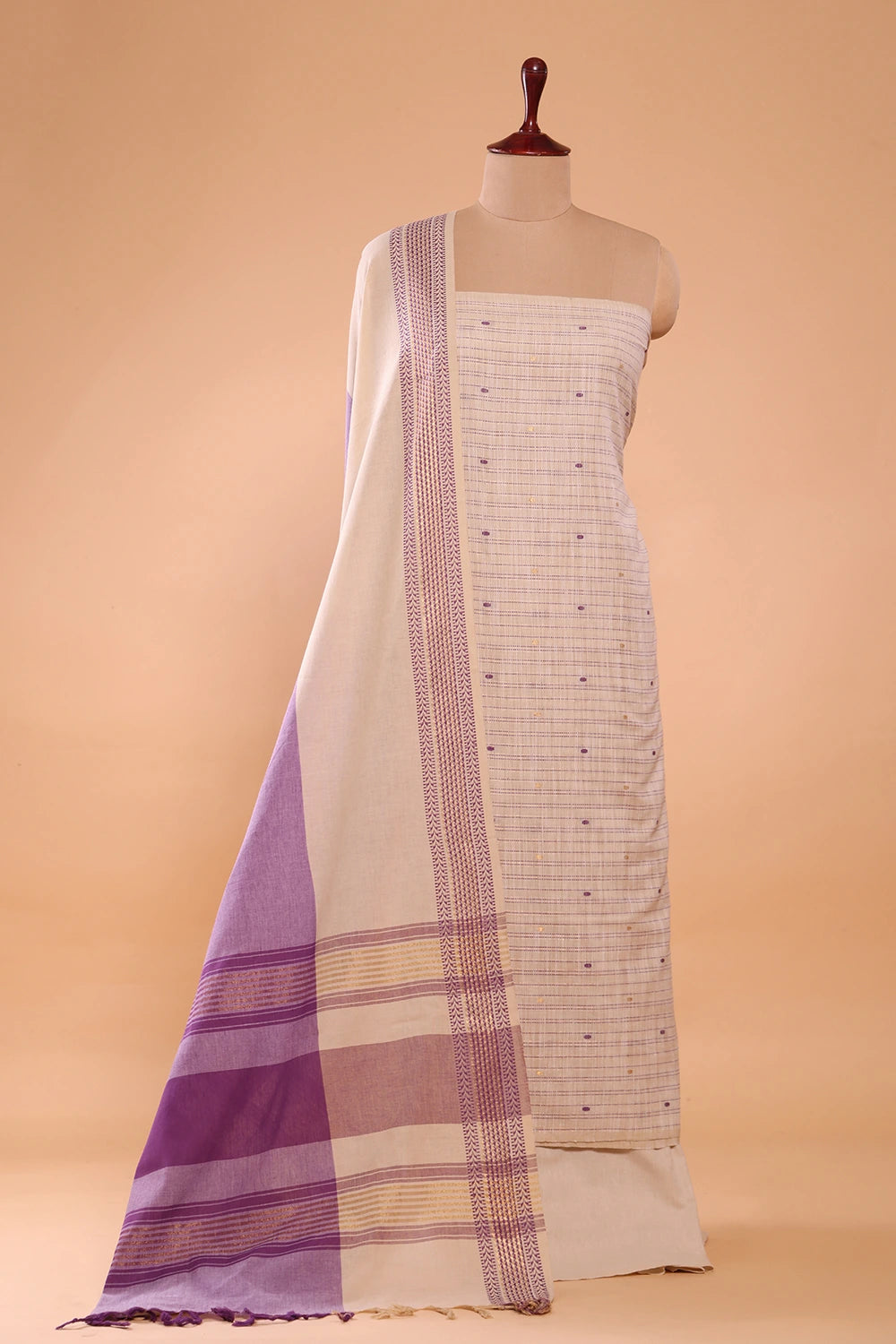 Beige and Purple Woven Suit Set with Subtle Buti & Zari Dupatta
