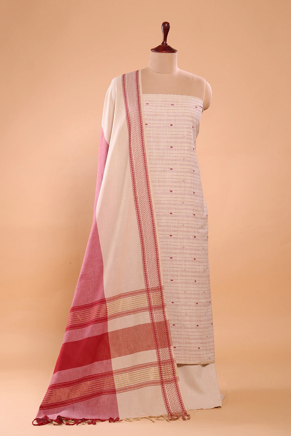 Beige and Pink Woven Suit Set with Subtle Buti & Zari Dupatta