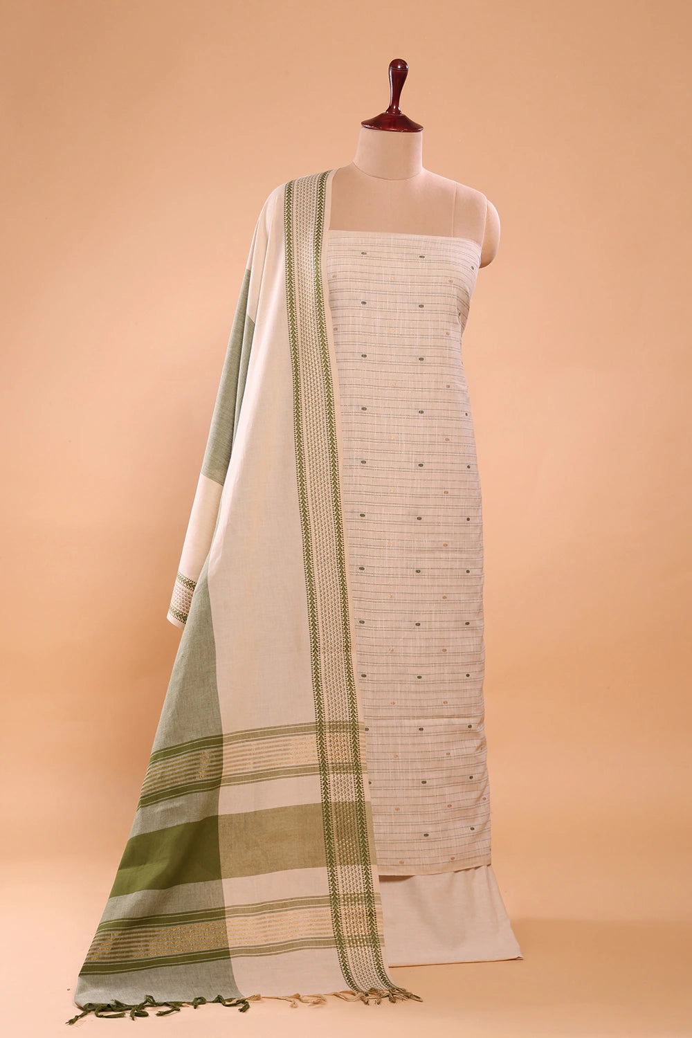Beige and Green Woven Suit Set with Subtle Buti & Zari Dupatta