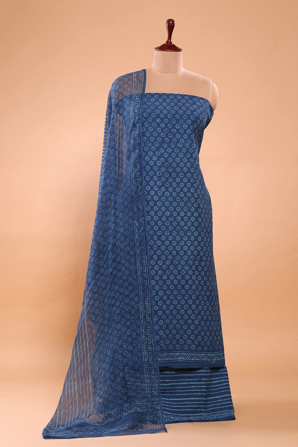 Blue Polka Hand Block Print Suit Set With Dupatta