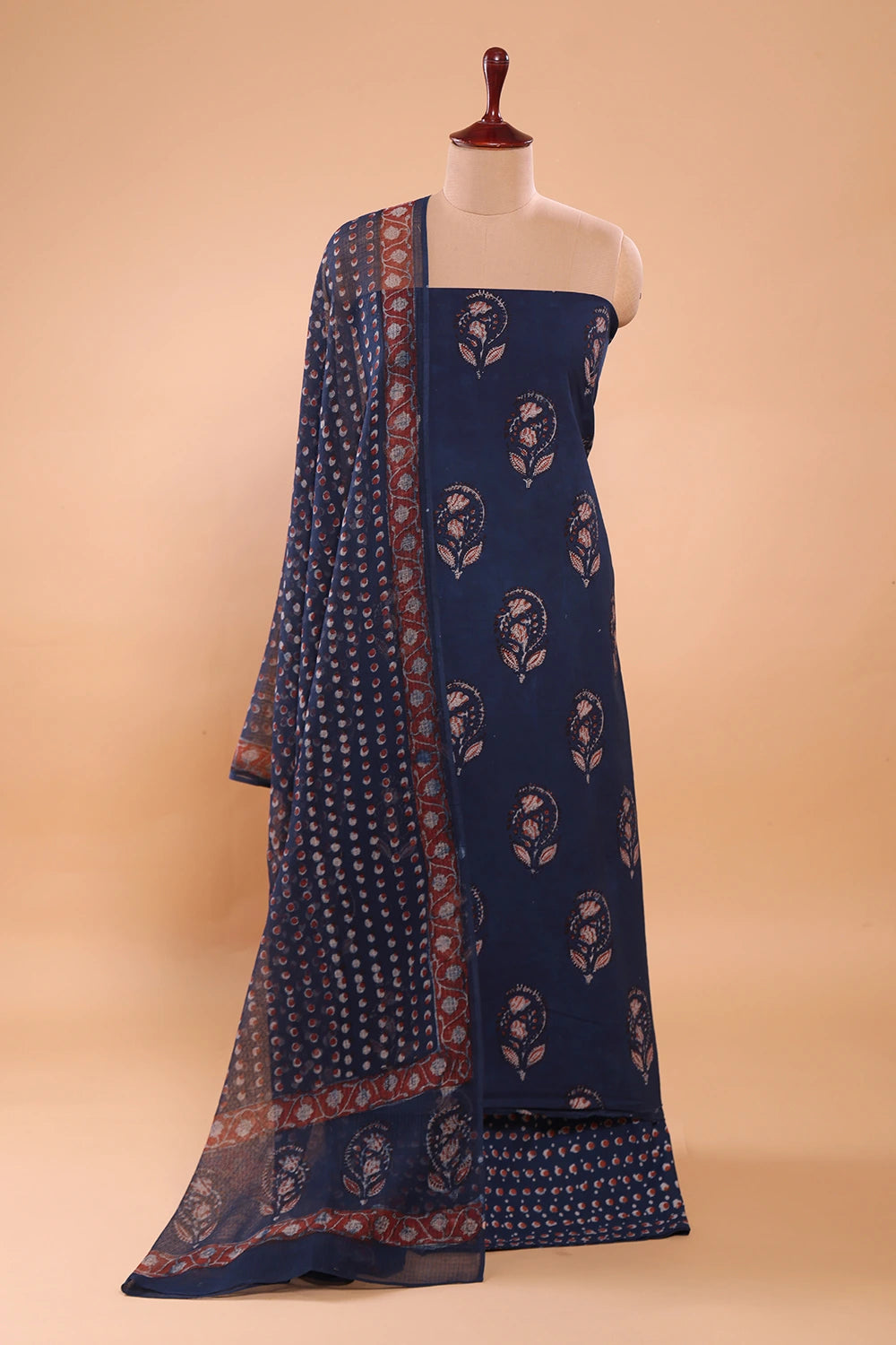 Indigo Hand Block Print Suit Set With Dupatta