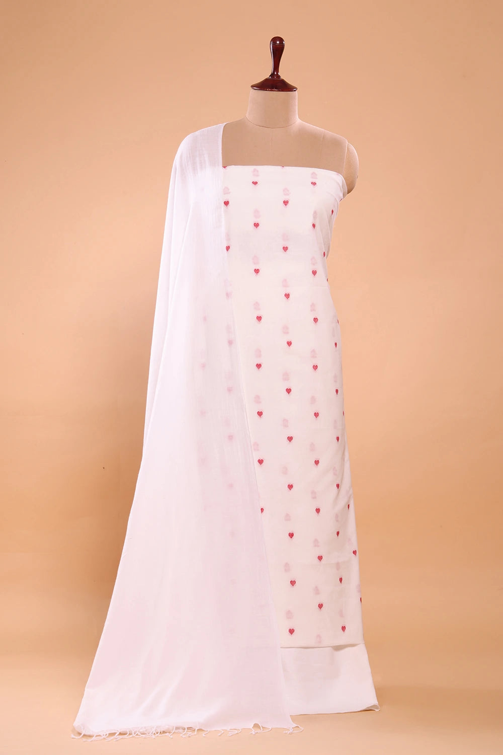 White and Red Heart Woven Suit Set With Dupatta